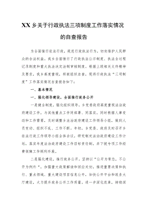 XX乡关于行政执法三项制度工作落实情况的自查报告.docx