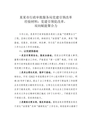 某某市行政审批服务局党建引领改革经验材料：党建引领促改革双向赋能聚合力.docx