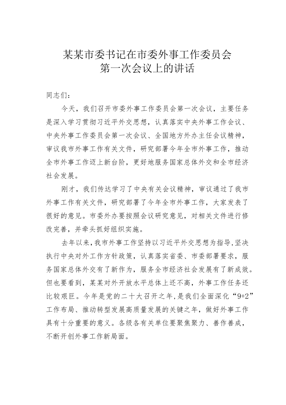 某某市委书记在市委外事工作委员会第一次会议上的讲话.docx_第1页