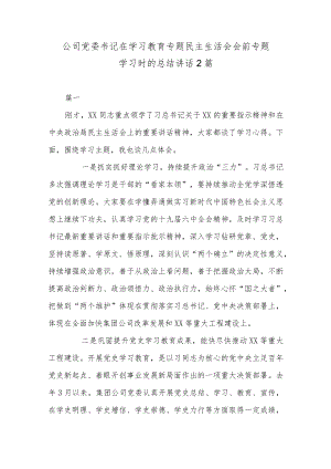 公司党委书记在学习教育专题民主生活会会前专题学习时的总结讲话2篇.docx