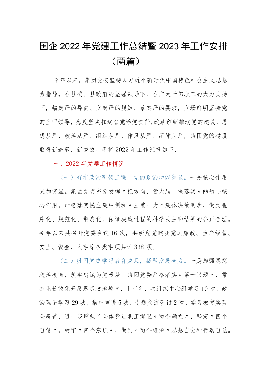 国企2022年党建工作总结暨2023年工作安排(两篇).docx_第1页