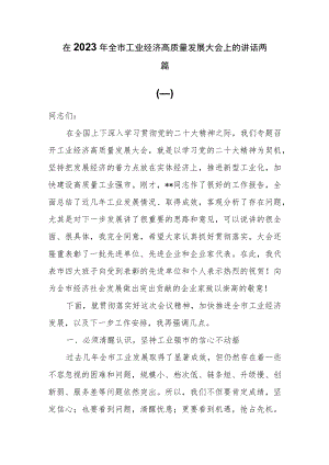 在2023年全市工业经济高质量发展大会上的讲话两篇.docx