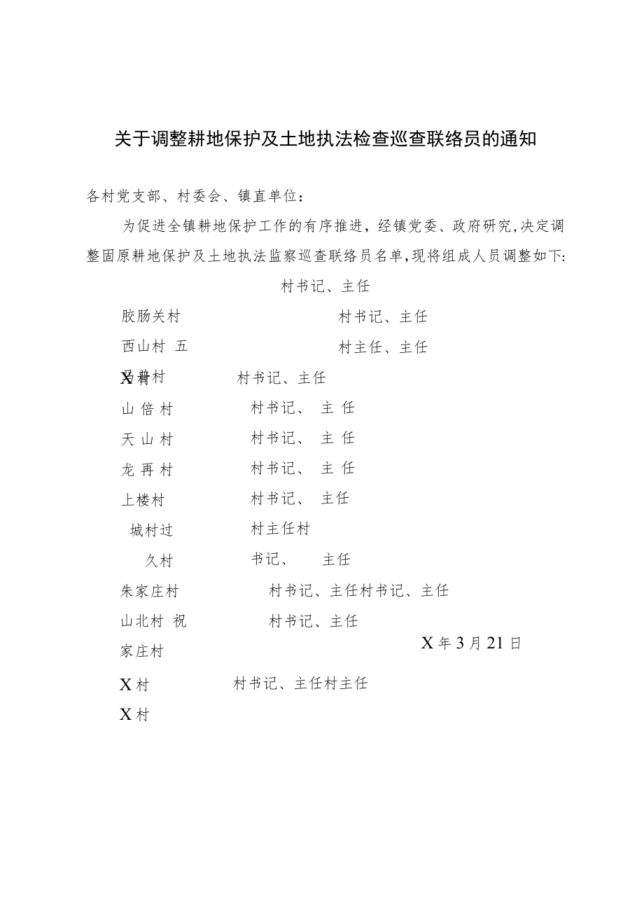 关于调整耕地保护及土地执法检查巡查联络员的通知.docx_第1页