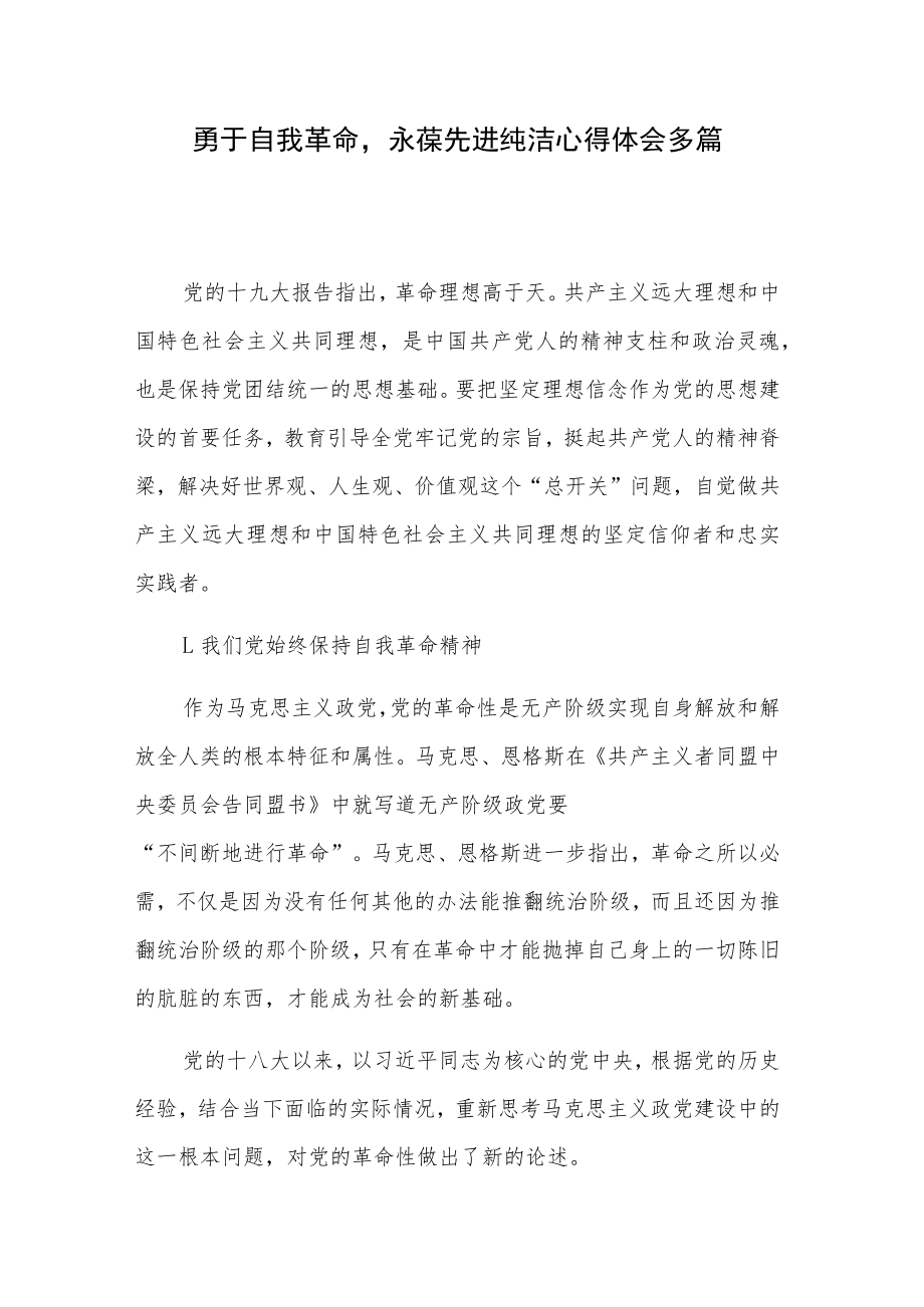 勇于自我革命永葆先进纯洁心得体会多篇.docx_第1页