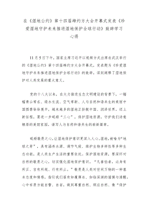 在《湿地公约》第十四届缔约方大会开幕式发表《珍爱湿地 守护未来 推进湿地保护全球行动》致辞学习心得.docx