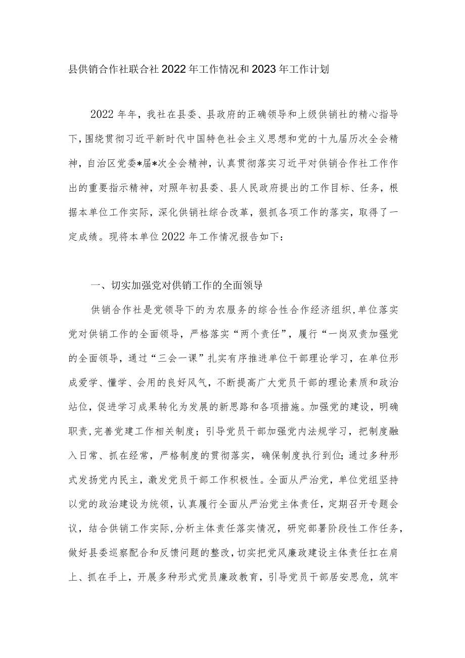 县供销合作社联合社2022年工作情况2023年工作计划.docx_第1页