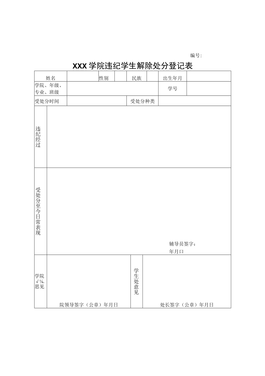 学院违纪学生解除处分登记表.docx_第1页