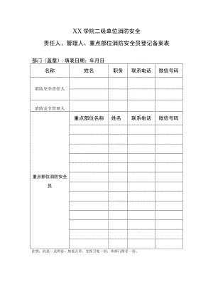 学院二级单位消防安全责任人、管理人、重点部位消防安全员登记备案表.docx