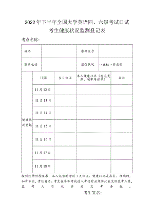 山西2022年下半年四六级口试考生健康状况登记表.docx