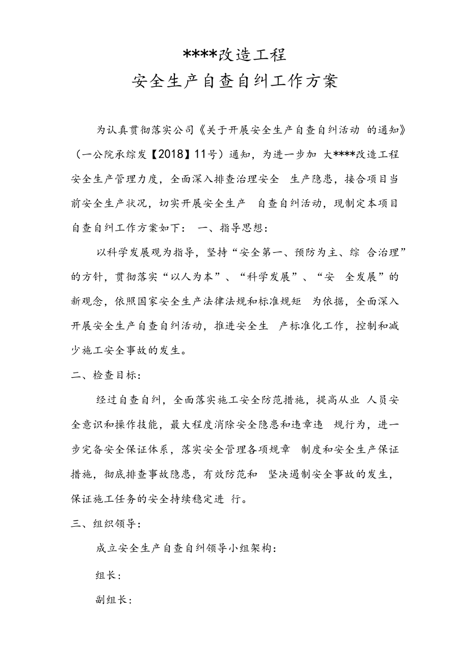 某工程安全生产自查自纠实施方案.docx_第1页