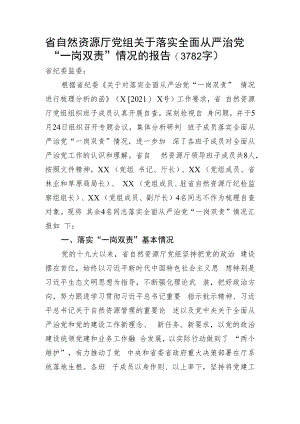 省自然资源厅党组关于落实全面从严治党“一岗双责”情况的报告.docx