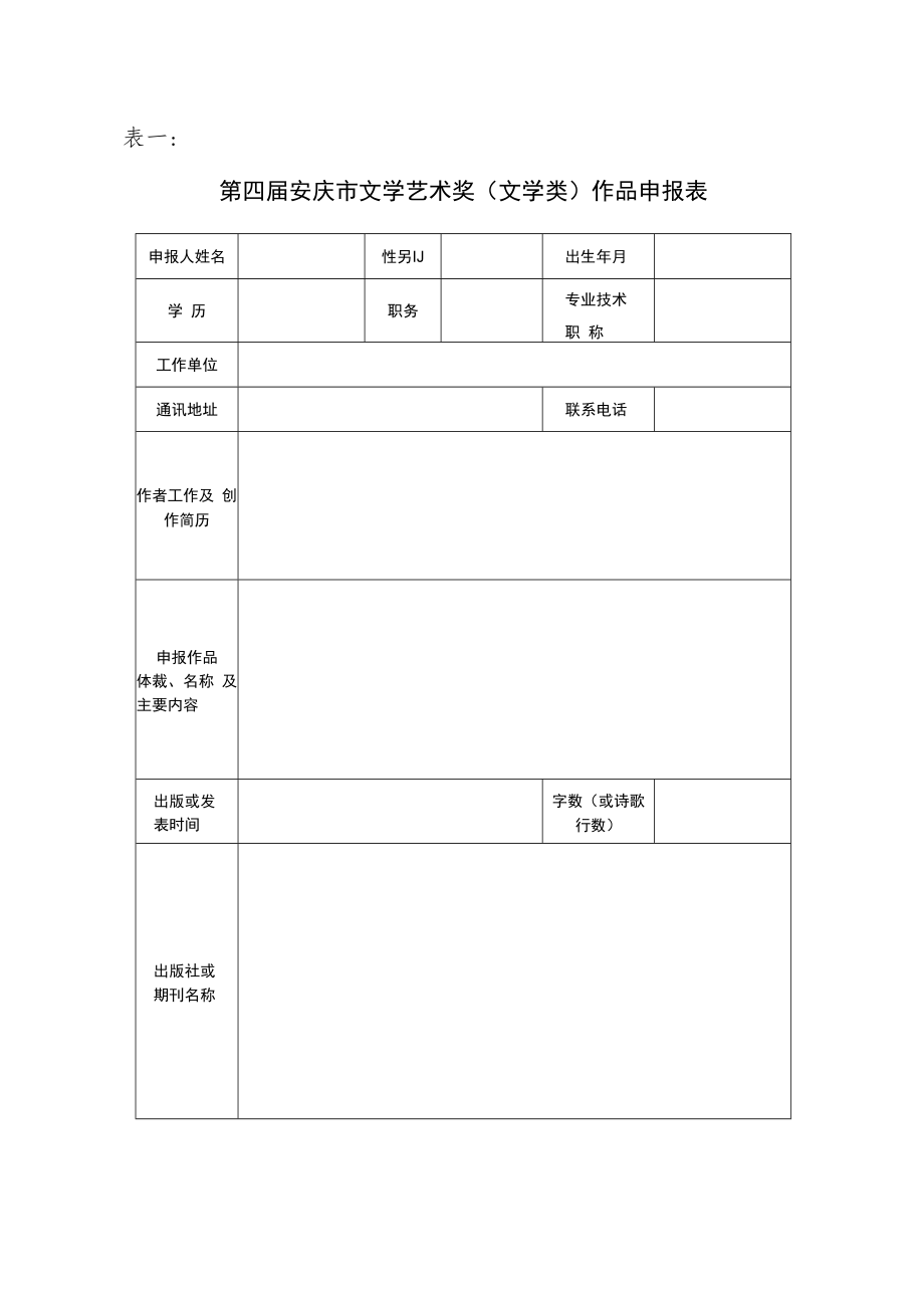 表一第四届安庆市文学艺术奖文学类作品申报表.docx_第1页