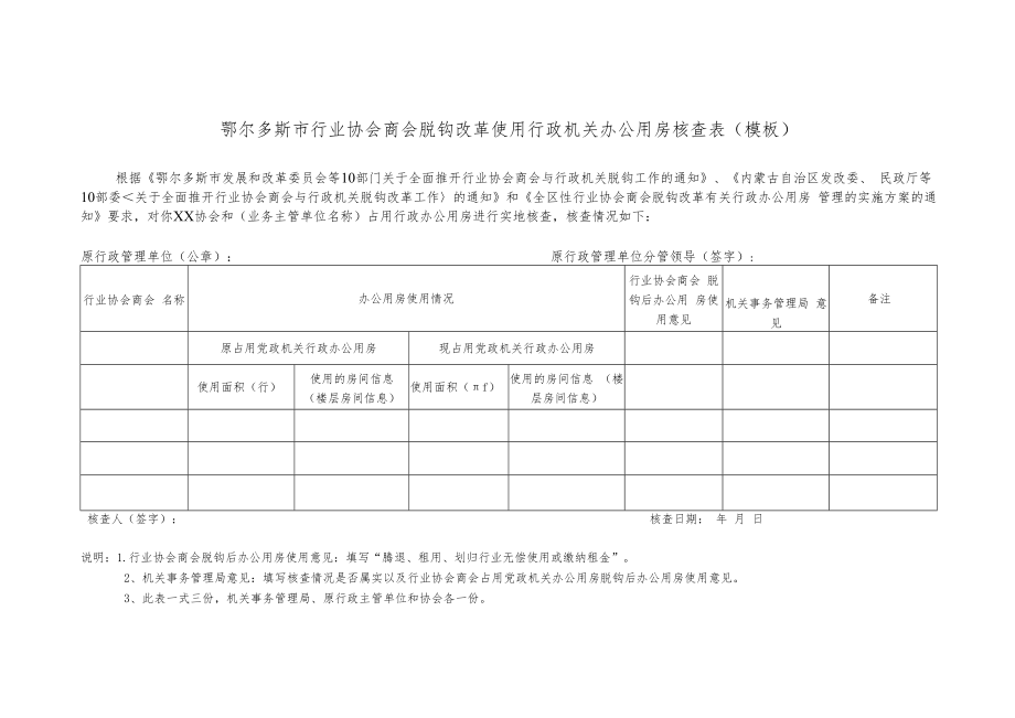 鄂尔多斯市行业协会商会脱钩改革使用行政机关办公用房核查表模板.docx_第1页