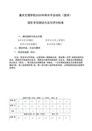 重庆文理学院2020年高水平运动队篮球招生专项测试方法与评分标准.docx
