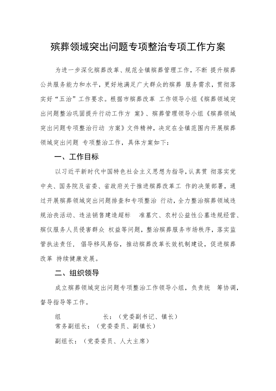 殡葬领域突出问题专项整治专项工作方案.docx_第1页