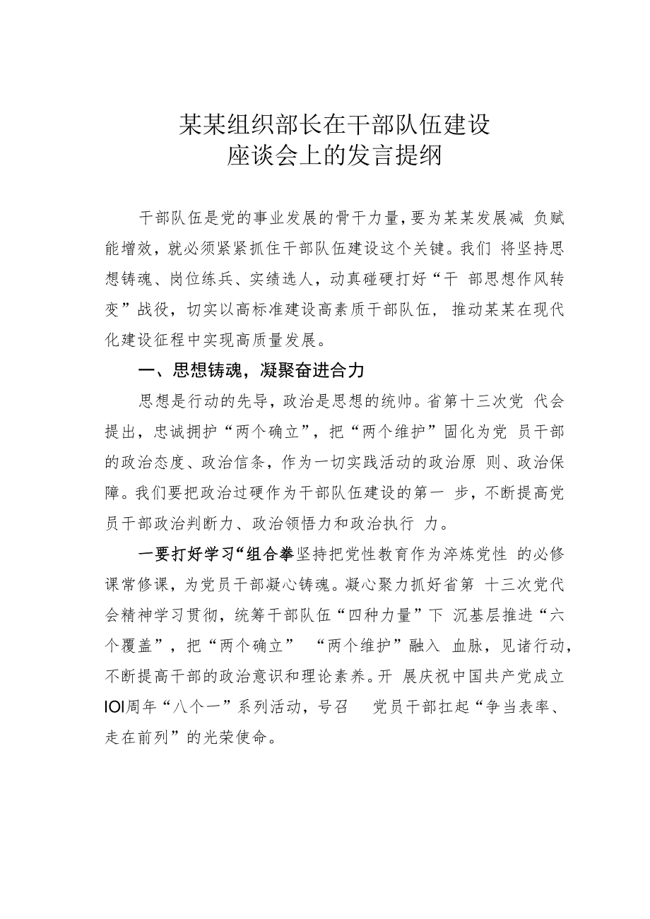 某某组织部长在干部队伍建设座谈会上的发言提纲.docx_第1页