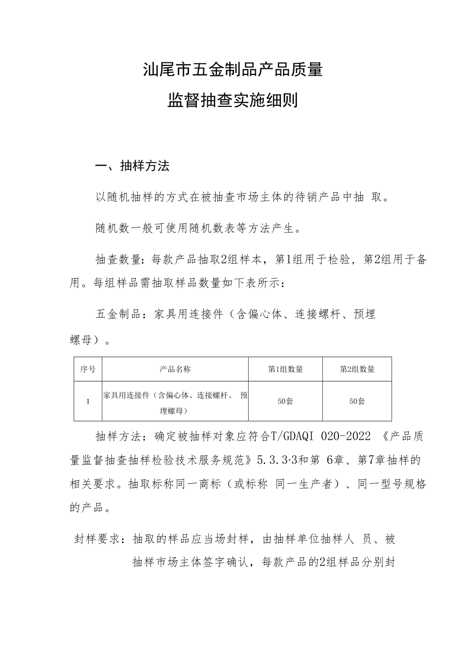 汕尾市五金制品产品质量监督抽查实施细则.docx_第1页