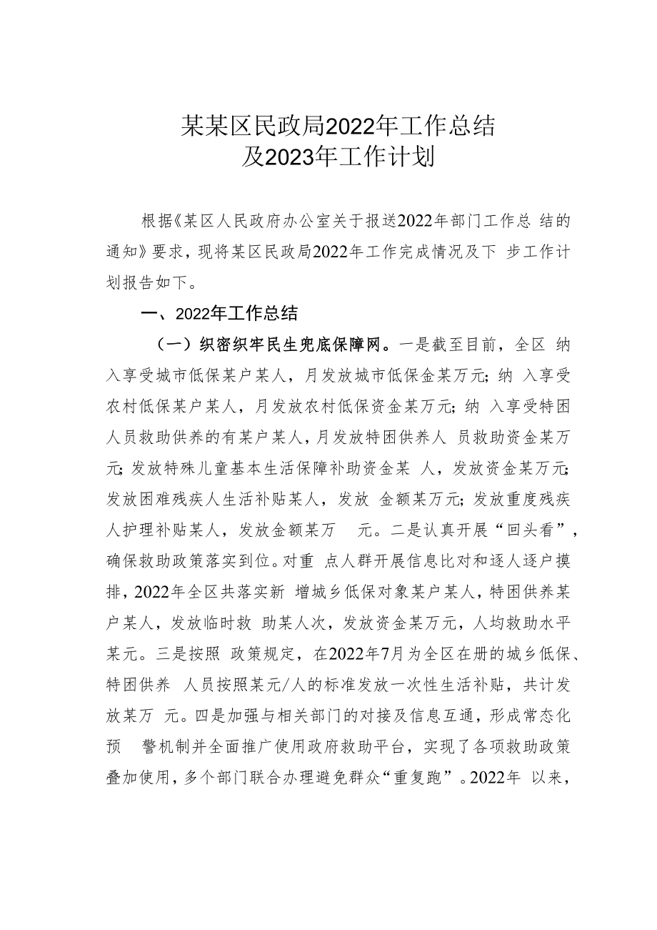 某某区民政局2022年工作总结及2023年工作计划.docx_第1页