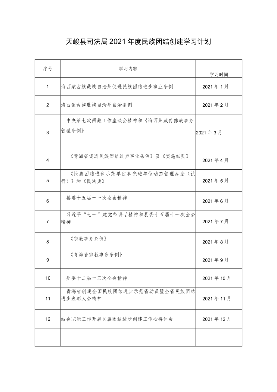 天峻县司局2021年度民族团结创建学习计划.docx_第1页