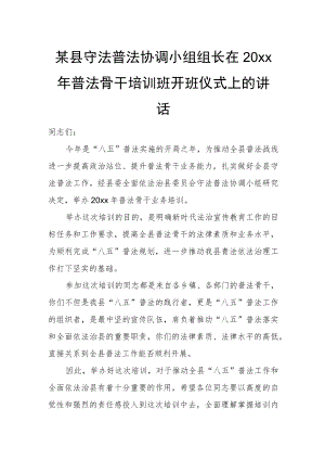 某县守法普法协调小组组长在20xx年普法骨干培训班开班仪式上的讲话.docx