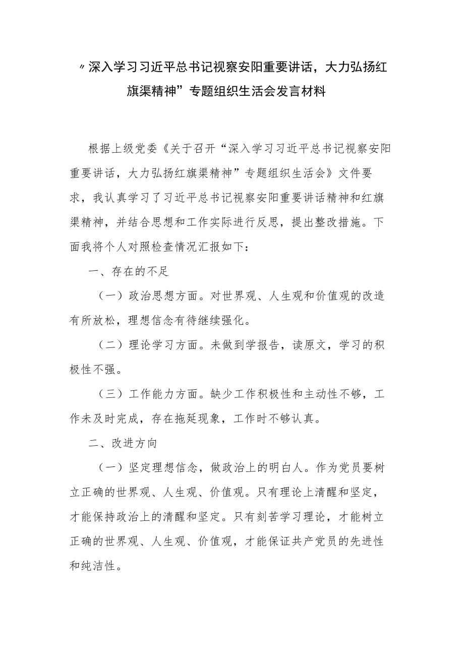 大力弘扬红旗渠精神”专题组织生活会发言材料.docx_第1页