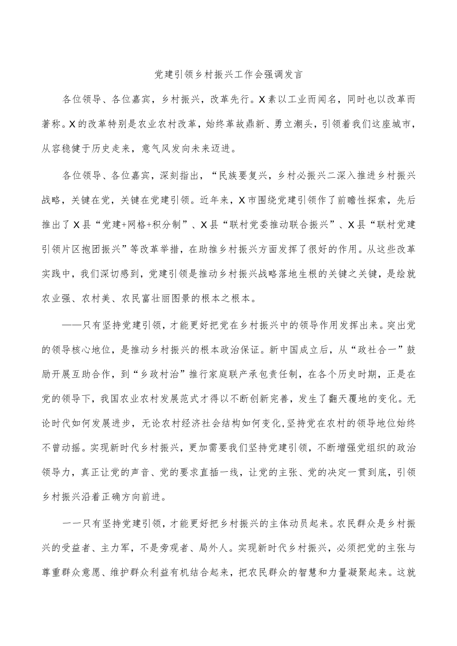 党建引领乡村振兴工作会强调发言.docx_第1页
