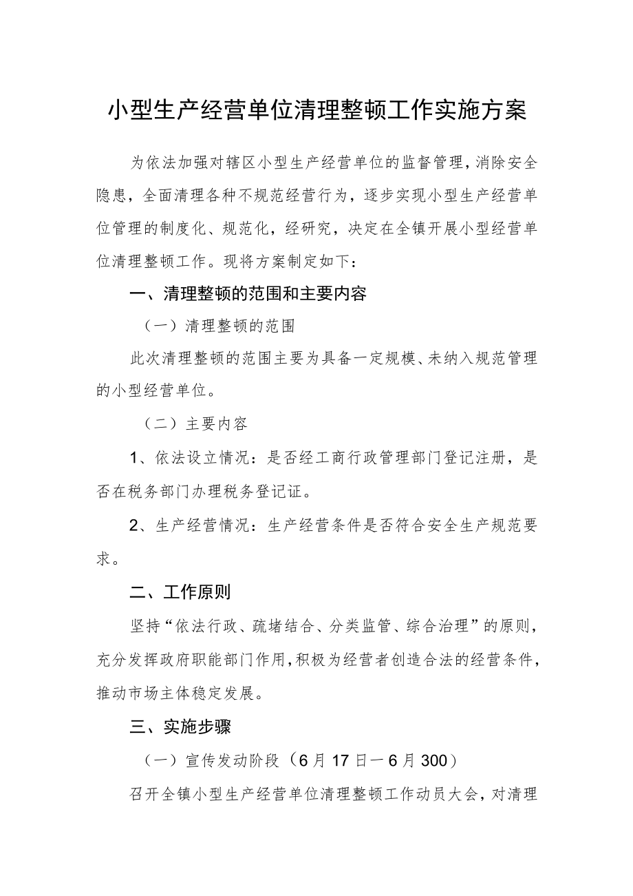 小型生产经营单位清理整顿工作实施方案.docx_第1页
