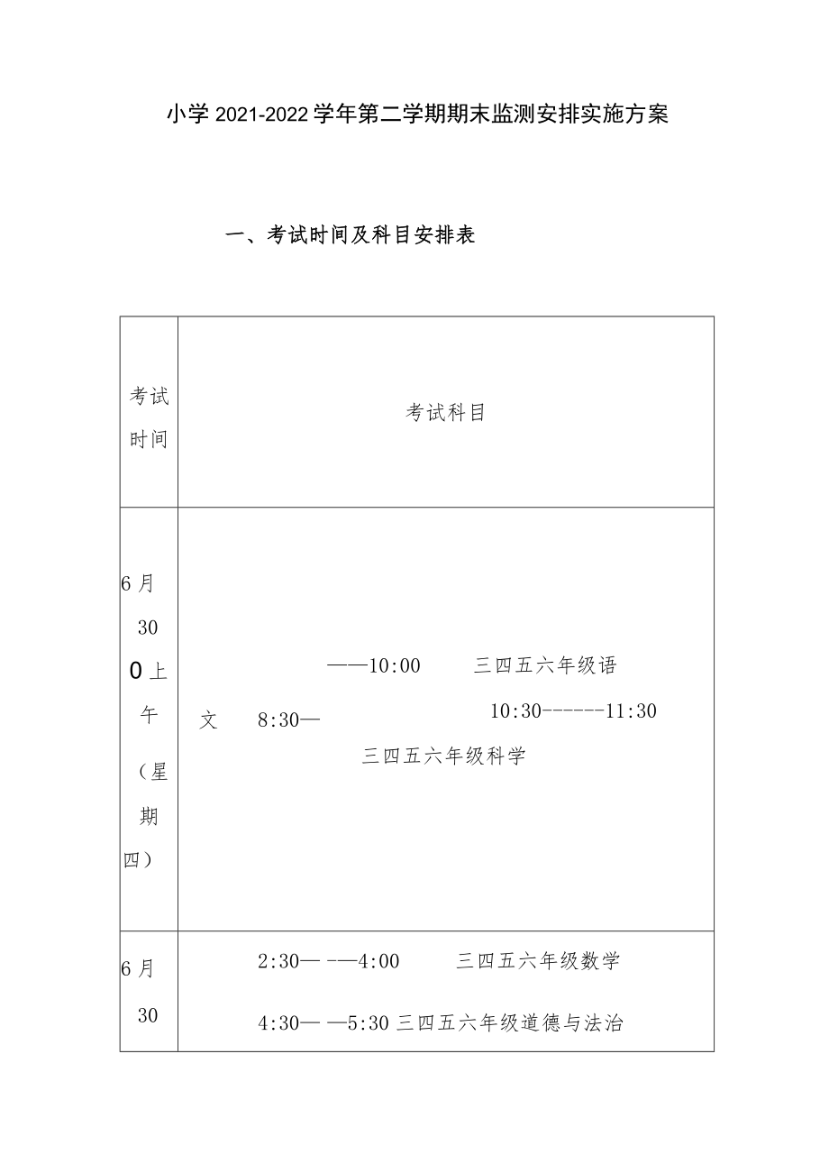 小学2021—2022学年第二学期期末监测安排实施方案.docx_第1页