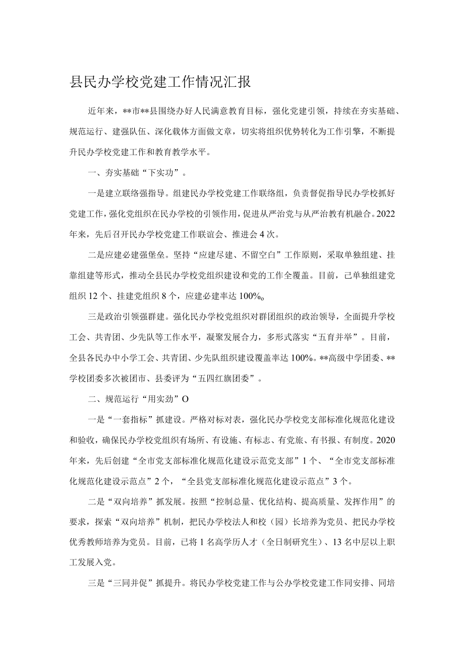 县民办学校党建工作情况汇报.docx_第1页