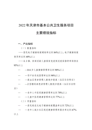 2022年天津市基本公共卫生服务项目主要绩效指标、各区常住人口、经费核定标准.docx