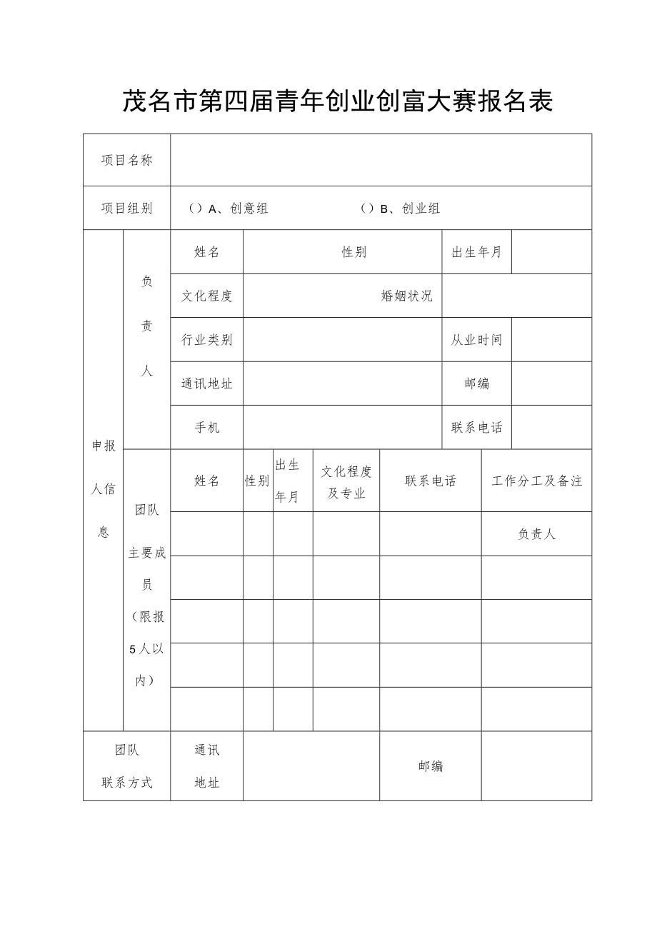 茂名市第四届青年创业创富大赛报名表.docx_第1页