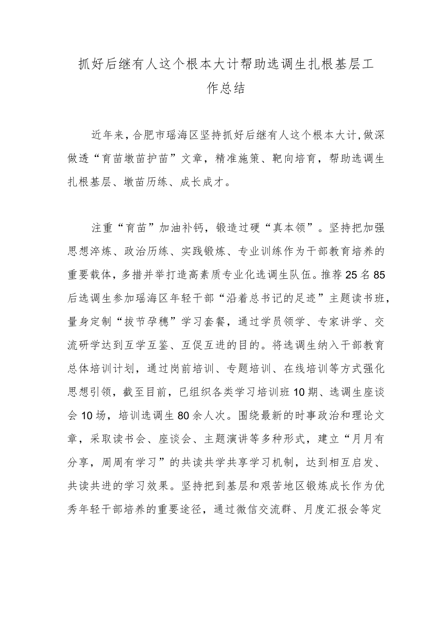 抓好后继有人这个根本大计帮助选调生扎根基层工作总结.docx_第1页