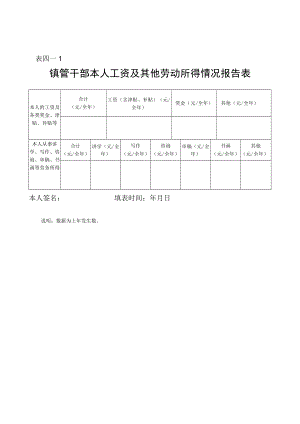 表四—1镇管干部本人工资及其他劳动所得情况报告表.docx
