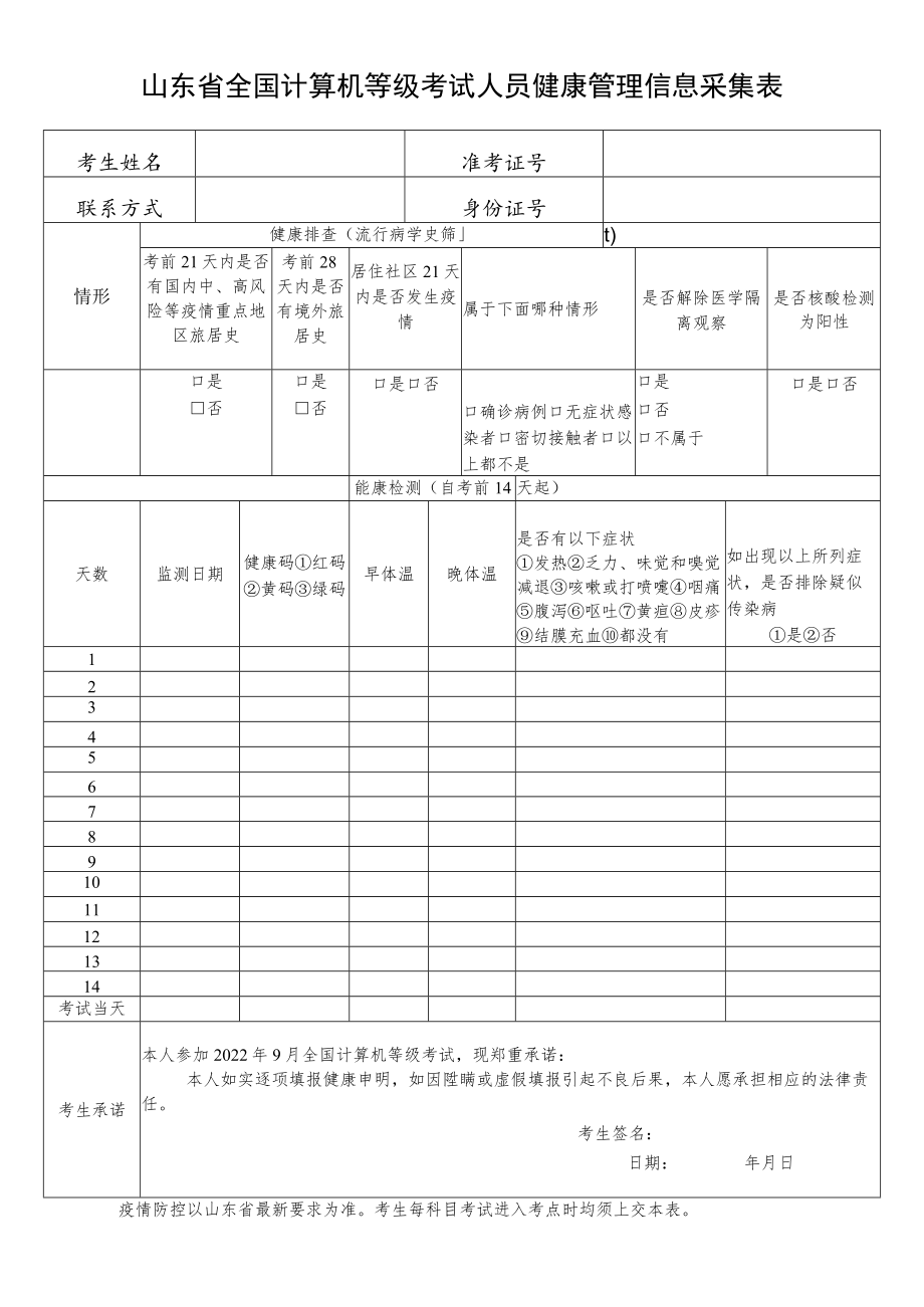 山东省全国计算机等级考试人员健康管理信息采集表.docx_第1页