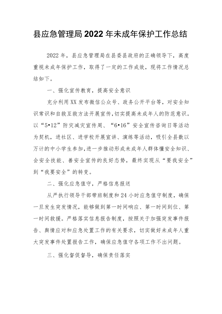 县应急管理局2022年未成年保护工作总结.docx_第1页
