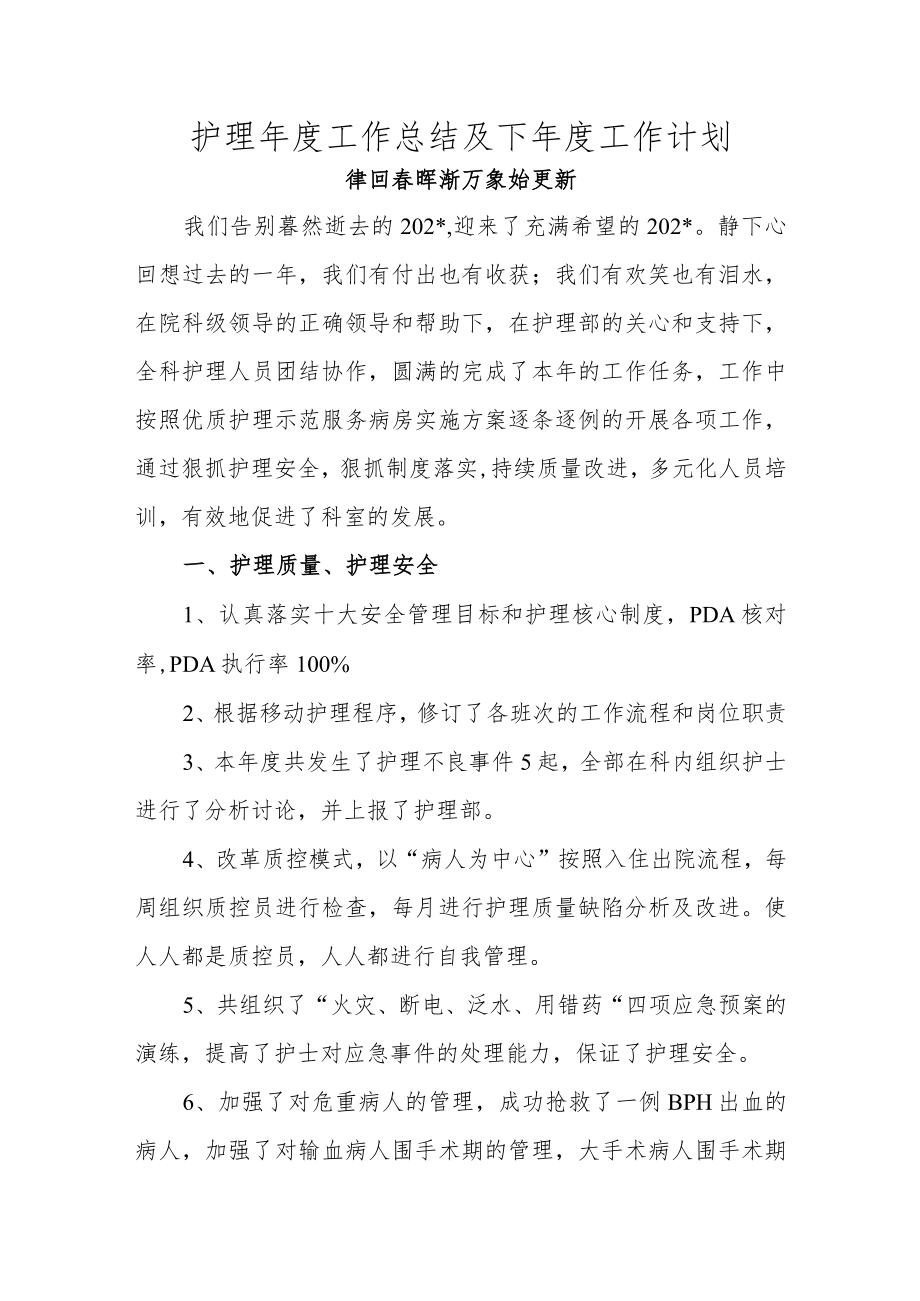 护理年度工作总结及下年度工作计划.docx_第1页