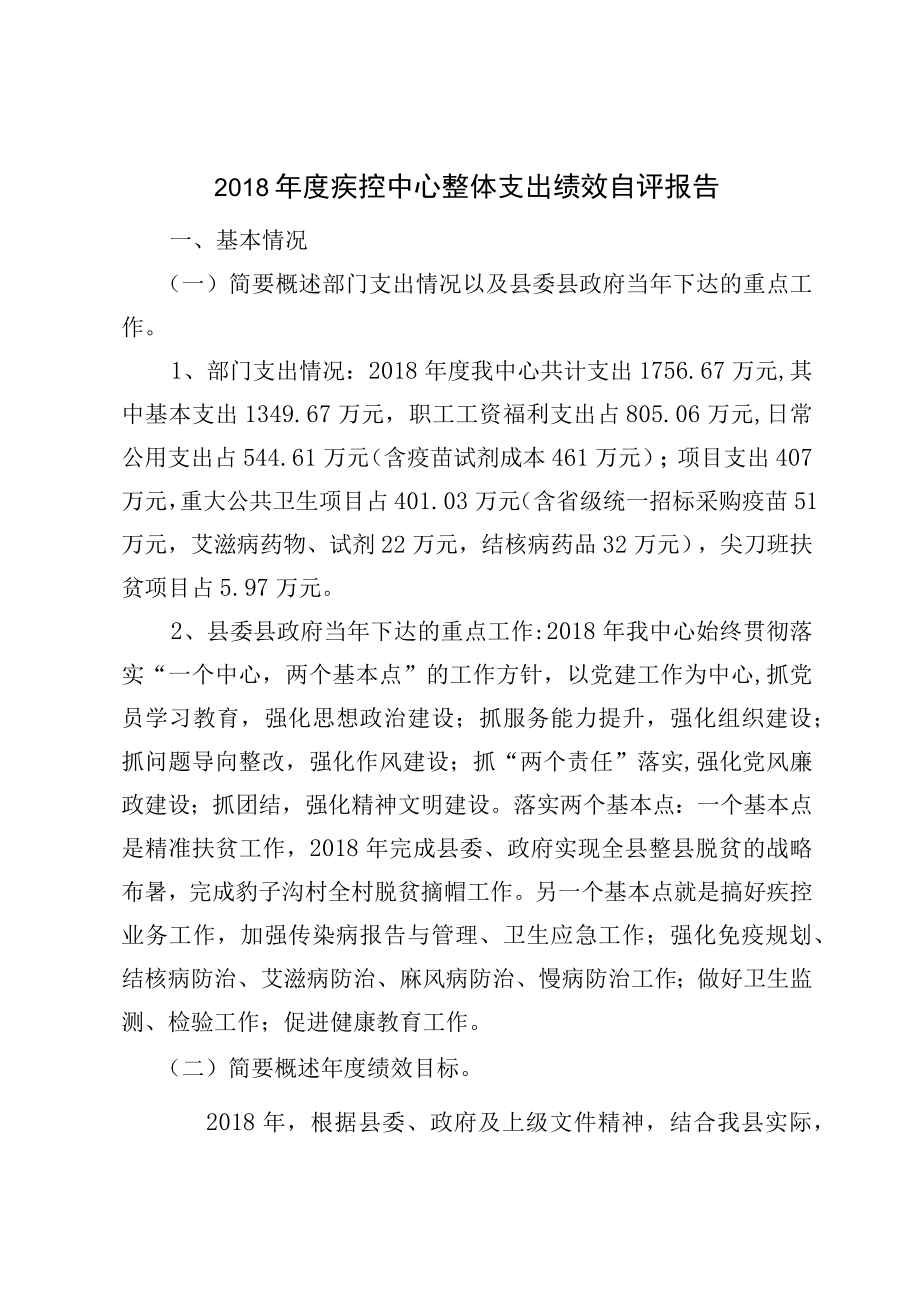 2018年度疾控中心整体支出绩效自评报告.docx_第1页