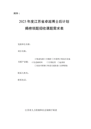 2023年度省卓越博士后计划揭榜领题招收课题需求表、2023年度江苏省卓越博士后计划申请书（模板）.docx