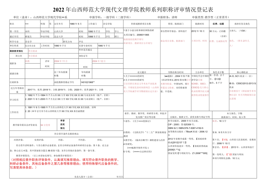 附件3：山西师范大学现代文理学院教师系列职称评审情况登记表（教师样表）doc.docx_第1页
