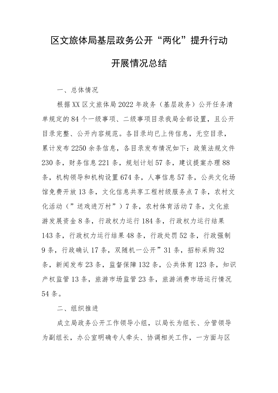 区文旅体局基层政务公开两化提升行动开展情况总结.docx_第1页