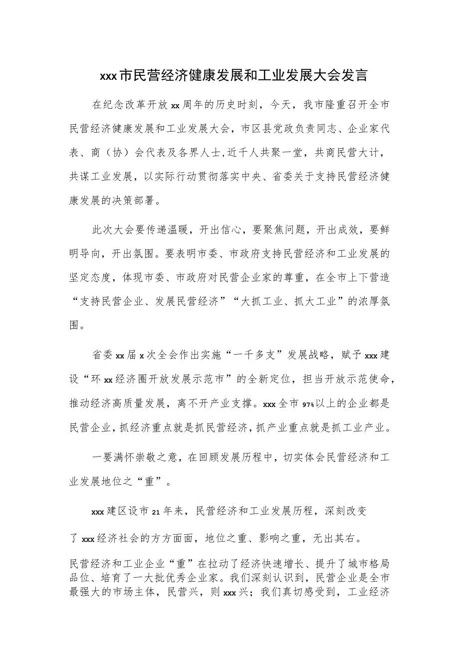 xxx市民营经济健康发展和工业发展大会发言.docx_第1页