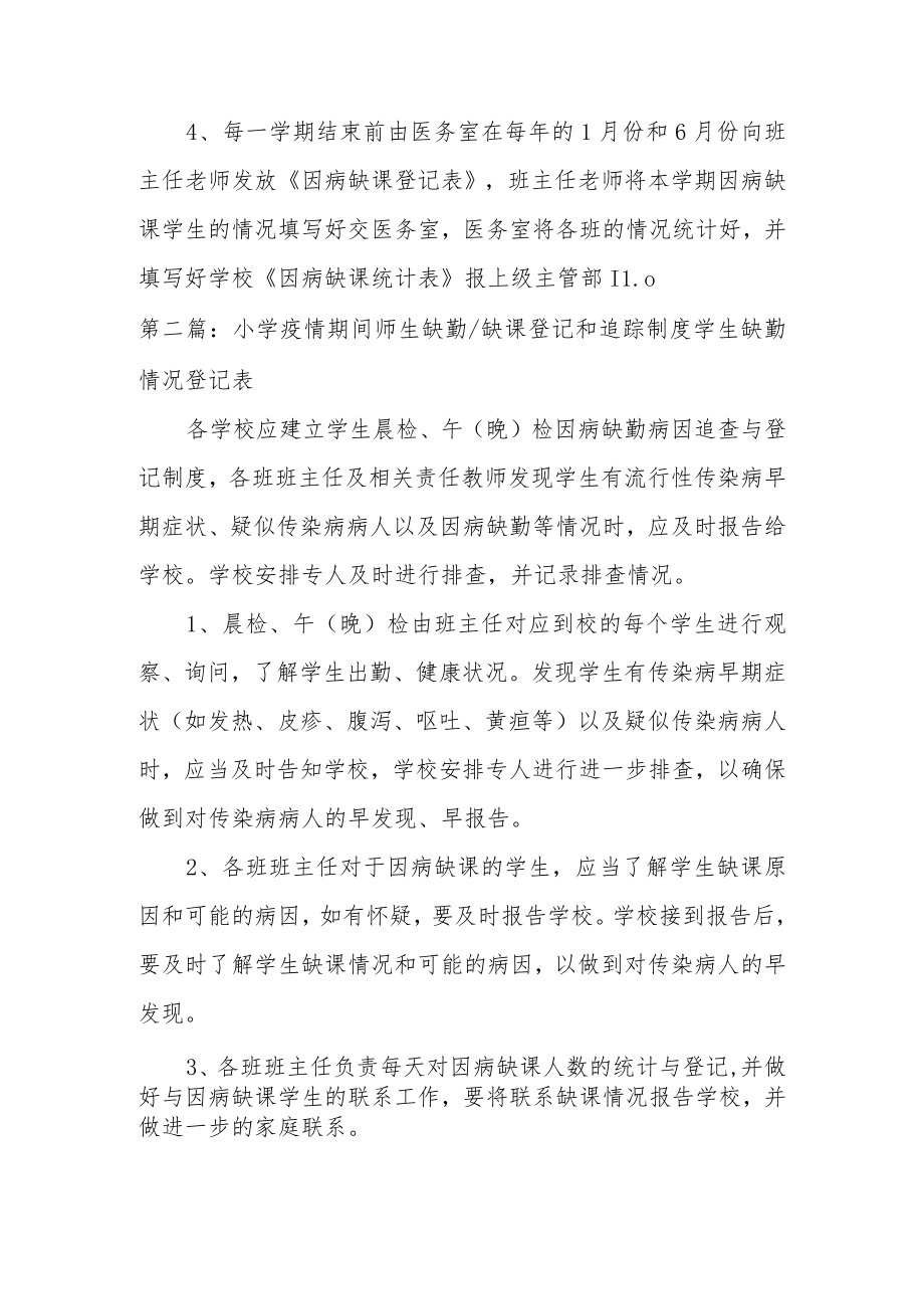 小学疫情期间师生缺勤缺课登记和追踪制度学生缺勤情况登记表9篇.docx_第2页