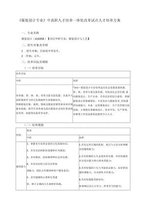 《服装设计专业》中高职人才培养一体化改革试点人才培养方案.docx