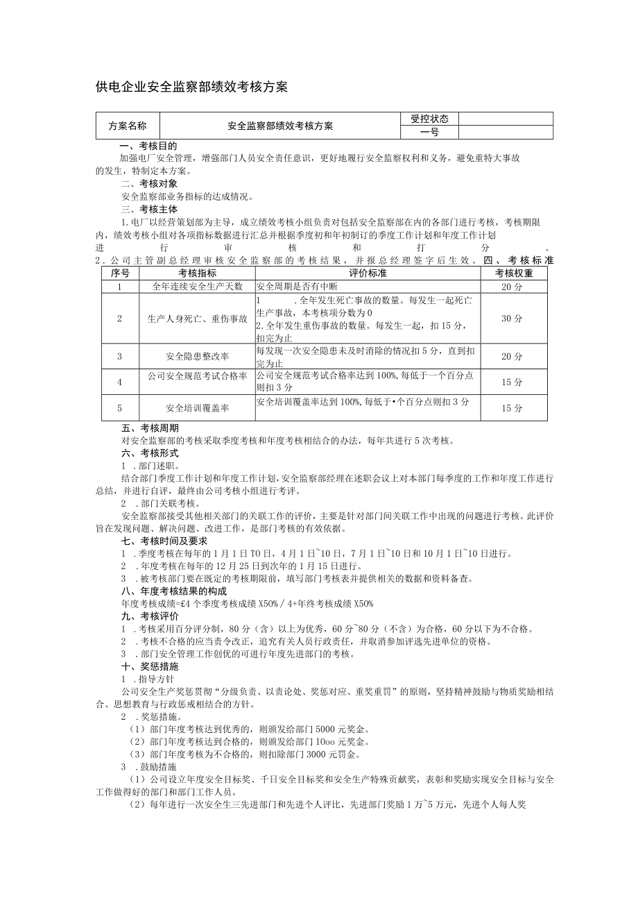供电企业安全监察部绩效考核方案.docx_第1页