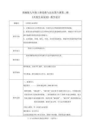 九年级上册道德与法治6.2共筑生命家园（教案）.docx