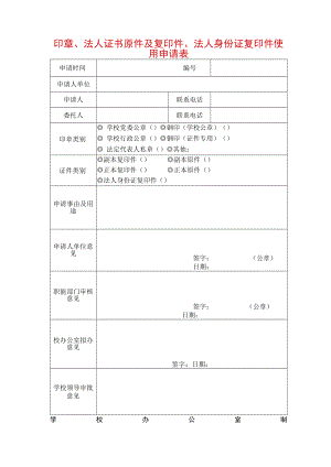 印章、法人证书原件及复印件、法人身份证复印件使用申请表.docx