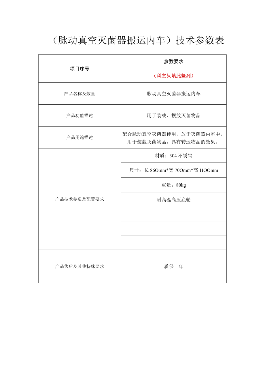脉动真空灭菌器搬运内车技术参数表.docx_第1页