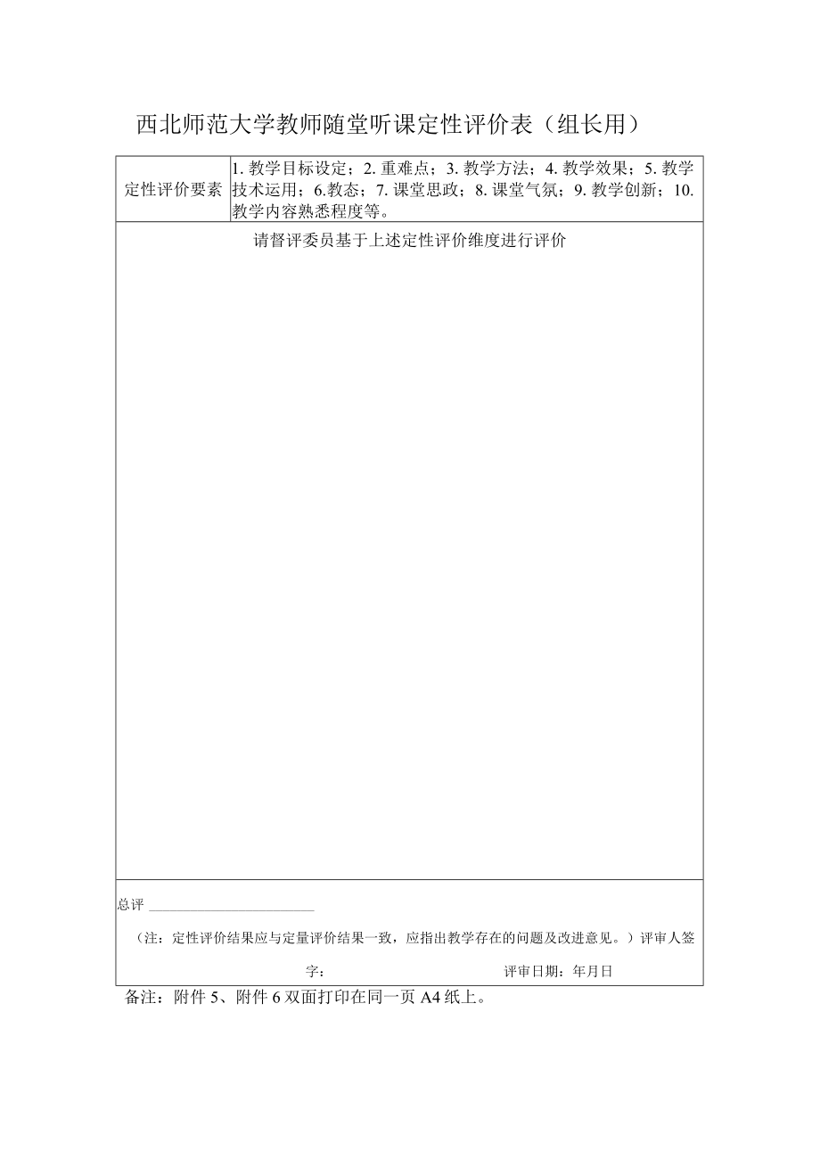 西北师范大学教师随堂听课定性评价表组长用.docx_第1页