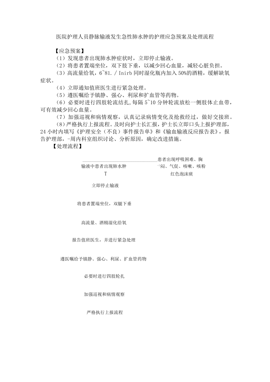 医院护理人员静脉输液发生急性肺水肿的护理应急预案及处理流程.docx_第1页