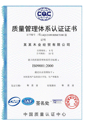 竖版蓝色边框质量管理体系认证证书单页word模板.docx